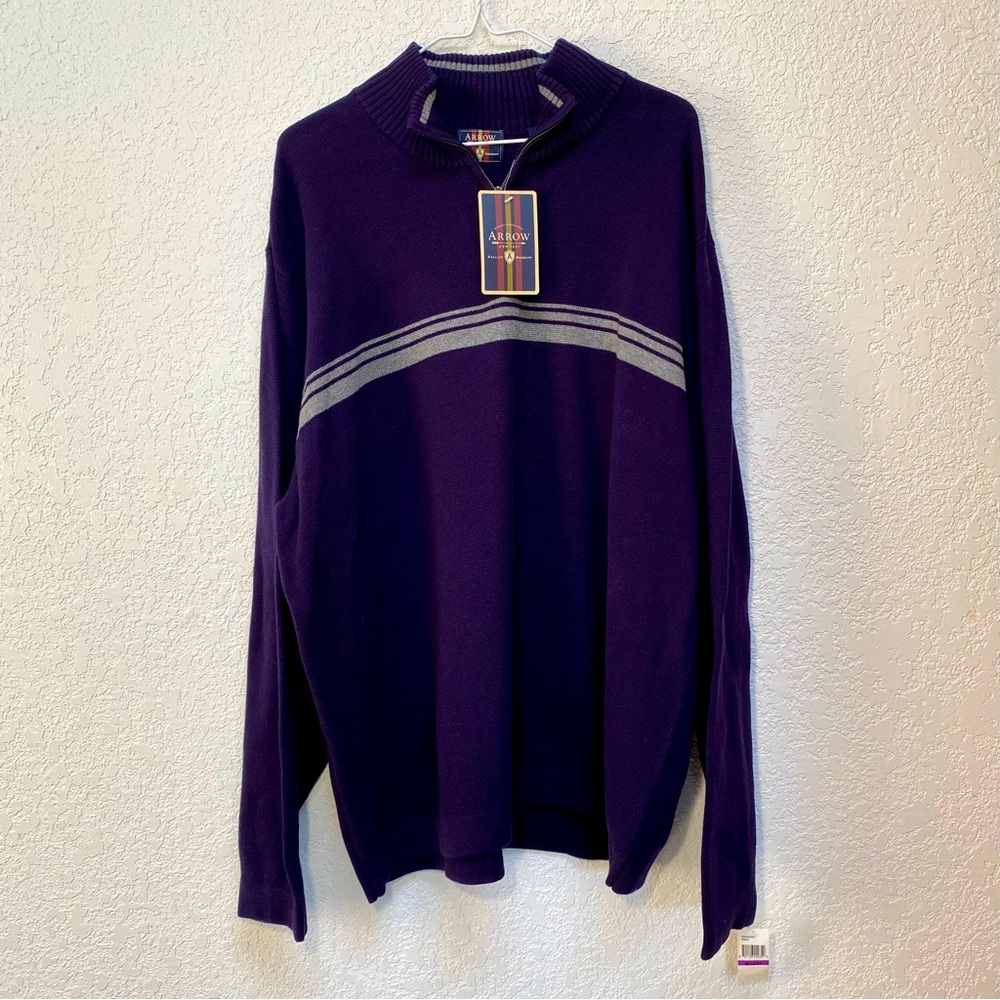 Arrow Sweater Men’s 2XL 1/4 Zip Pullover Mock Neck Long Sleeve Blue/Gray Cotton